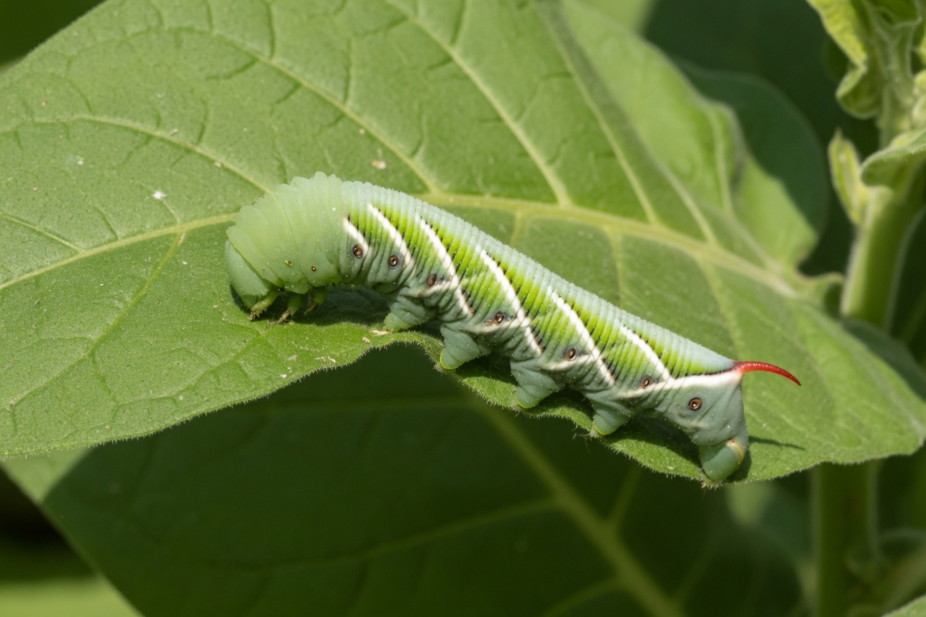 A large green tobacco hornworm caterpillar with white stripes and a red horn crawls along a broad green leaf.