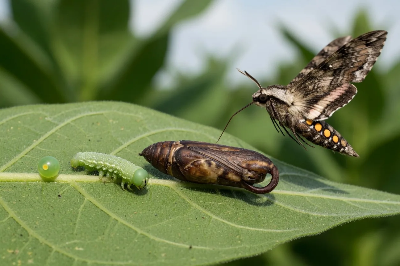 The four life cycle stages of the tobacco hornworm: egg, larva (caterpillar), pupa, and adult Carolina Sphinx moth.