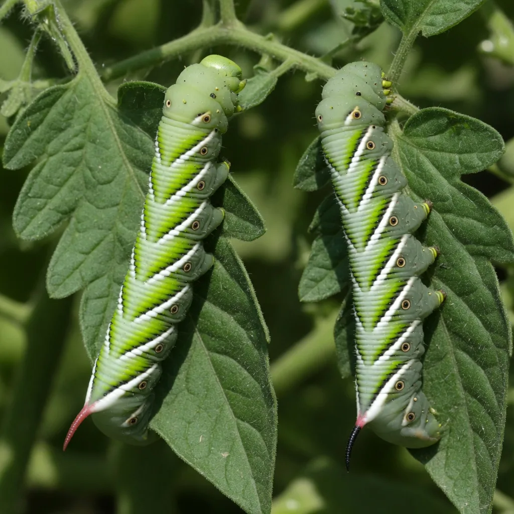 Side-by-side comparison: tobacco hornworm with white diagonal stripe markings (left) versus tomato hornworm with V-shaped chevron markings (right).