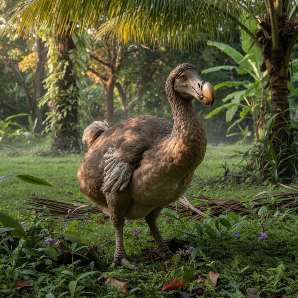 A dodo bird standing in tropical forest undergrowth on the island of Mauritius