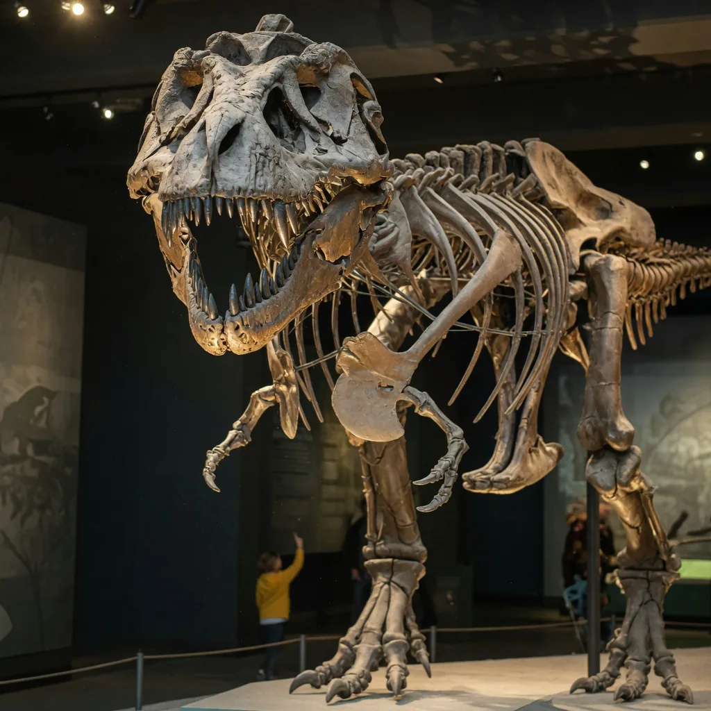 Tyrannosaurus rex fossil skeleton on display in a natural history museum