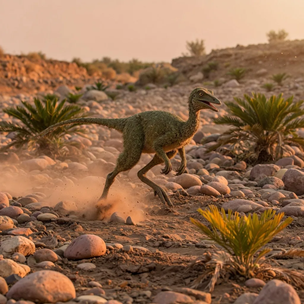 Eoraptor, one of the earliest dinosaurs, sprinting across a rocky Triassic riverbed