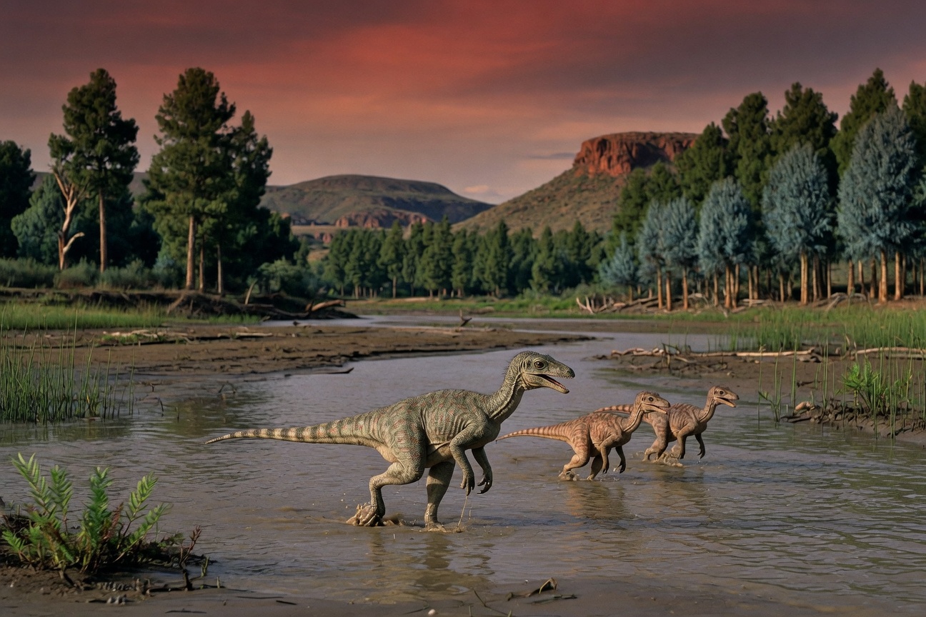 Three small theropod dinosaurs wade through a shallow river in a prehistoric landscape featuring coniferous trees and distant reddish hills.