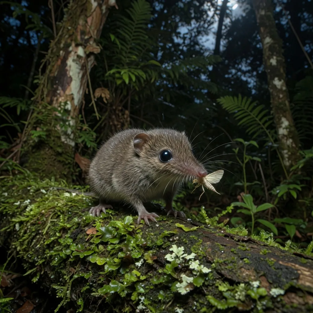 Megazostrodon, a tiny shrew-like early mammal, crouching on a mossy log in a dark Triassic forest