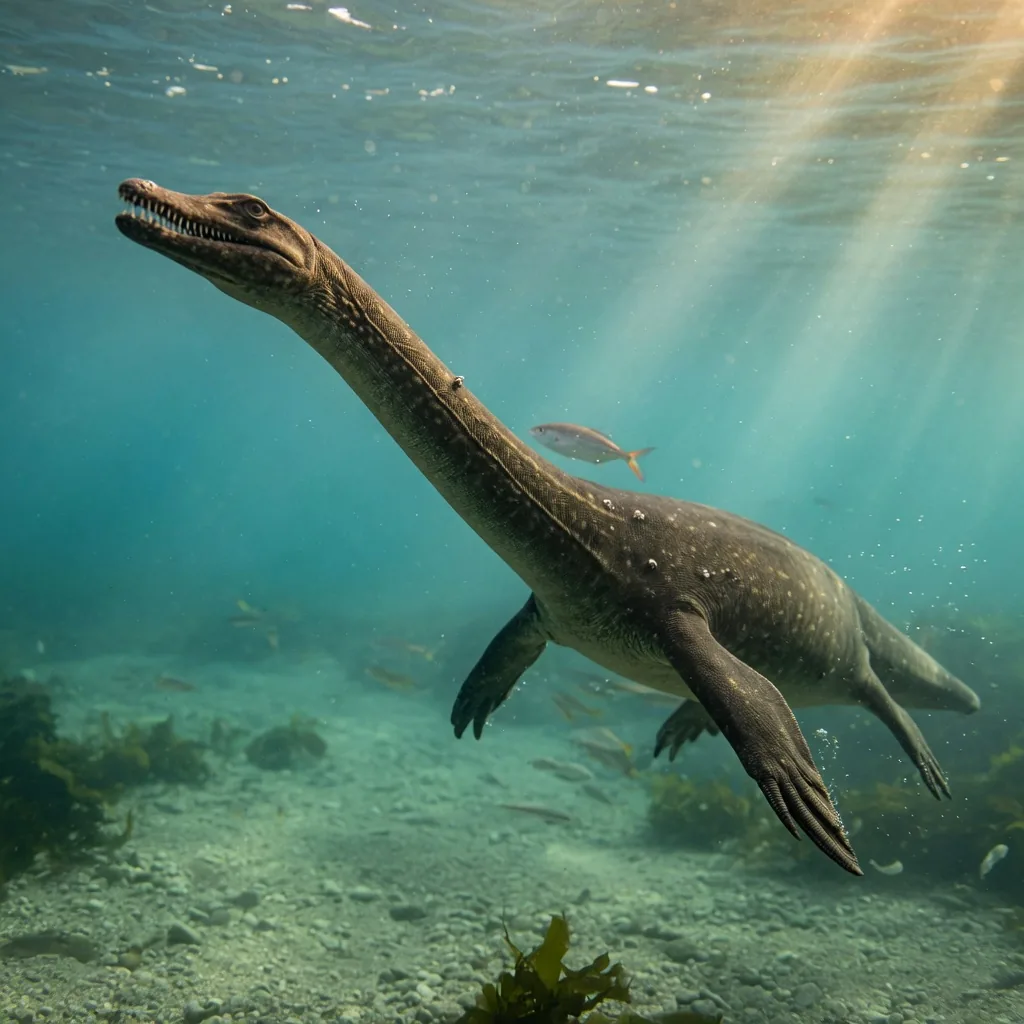 Nothosaurus, a long-necked marine reptile, swimming through a warm Triassic sea