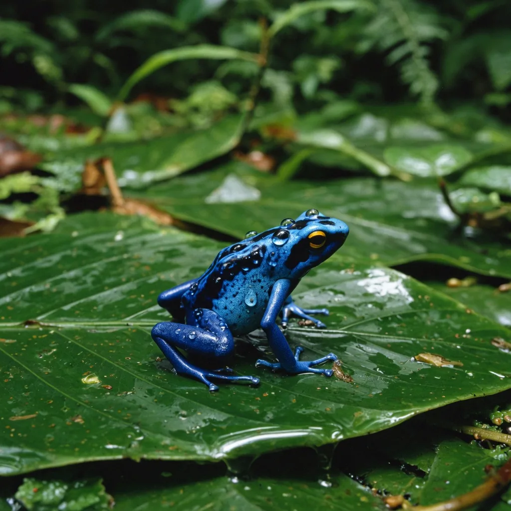 Vibrant blue poison dart frog on a wet rainforest leaf