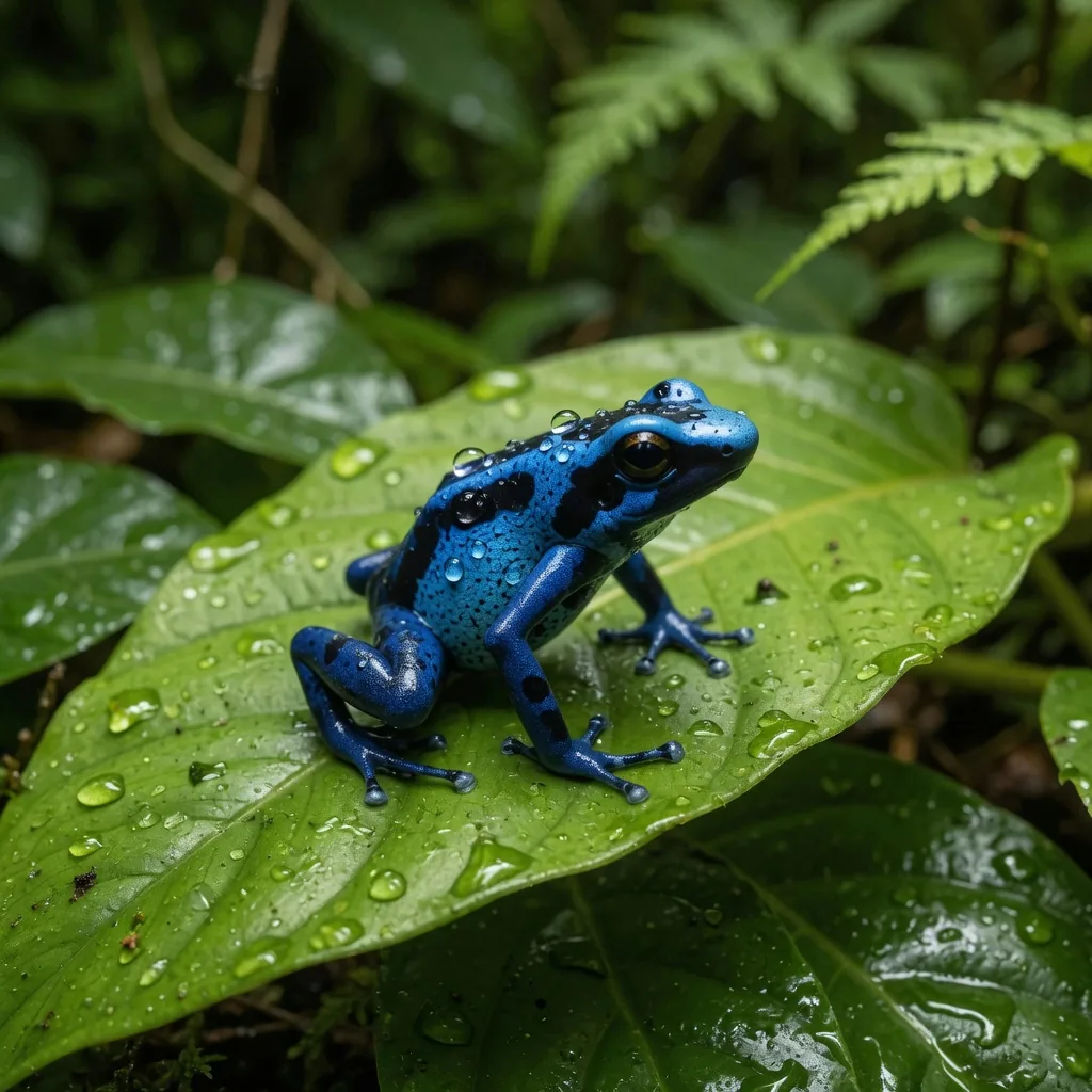 Bright blue and black poison dart frog on a wet green rainforest leaf