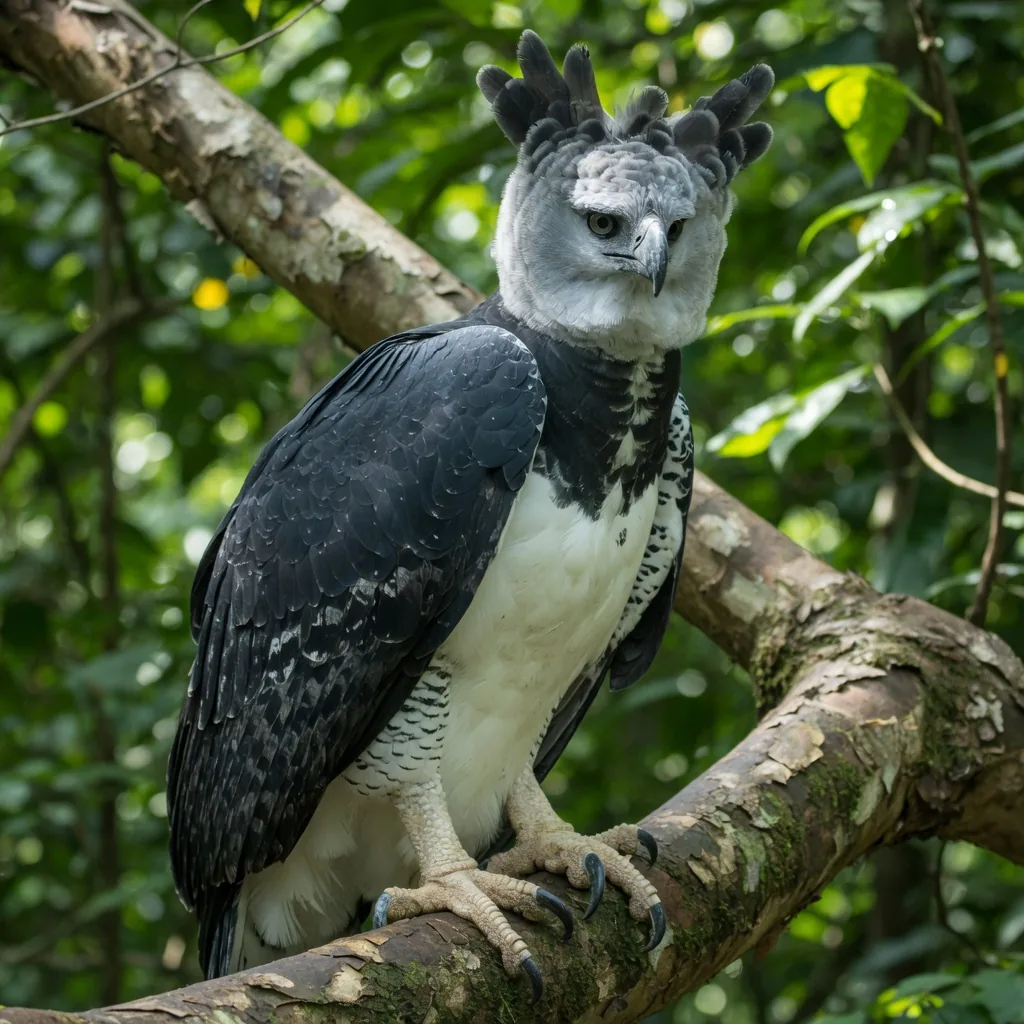 Harpy eagle perched on a branch with its crown of feathers raised