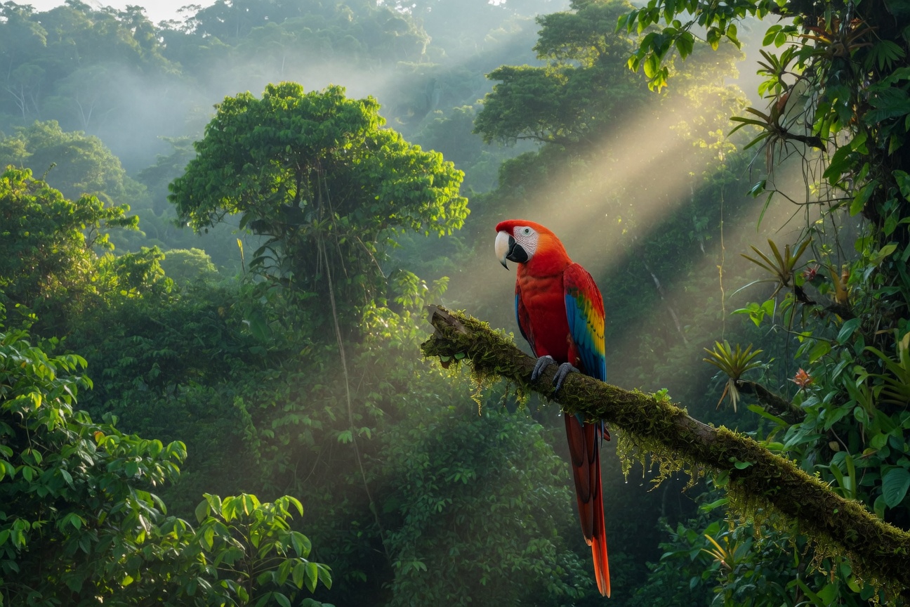 A scarlet macaw perches on a mossy branch with sunbeams shining through a misty tropical rainforest.