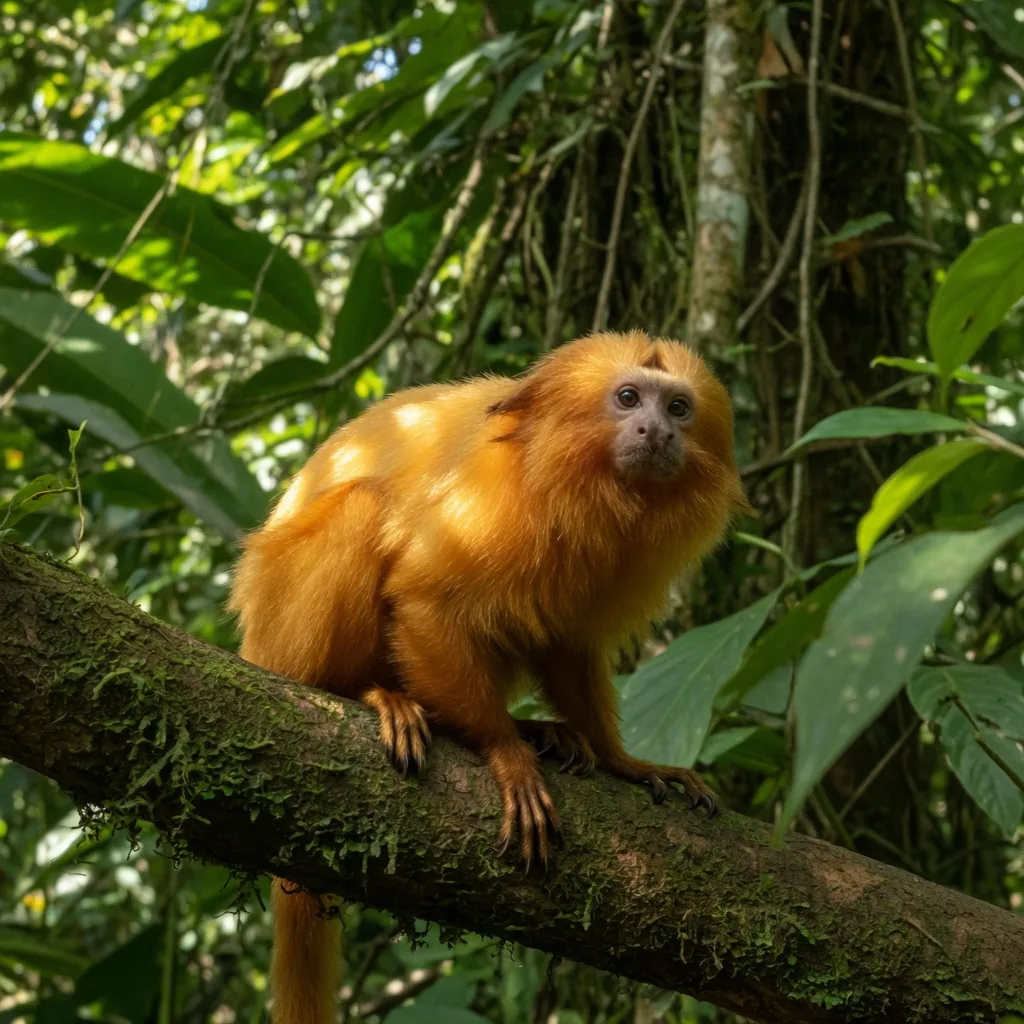 Golden lion tamarin with vivid golden fur clinging to a rainforest branch