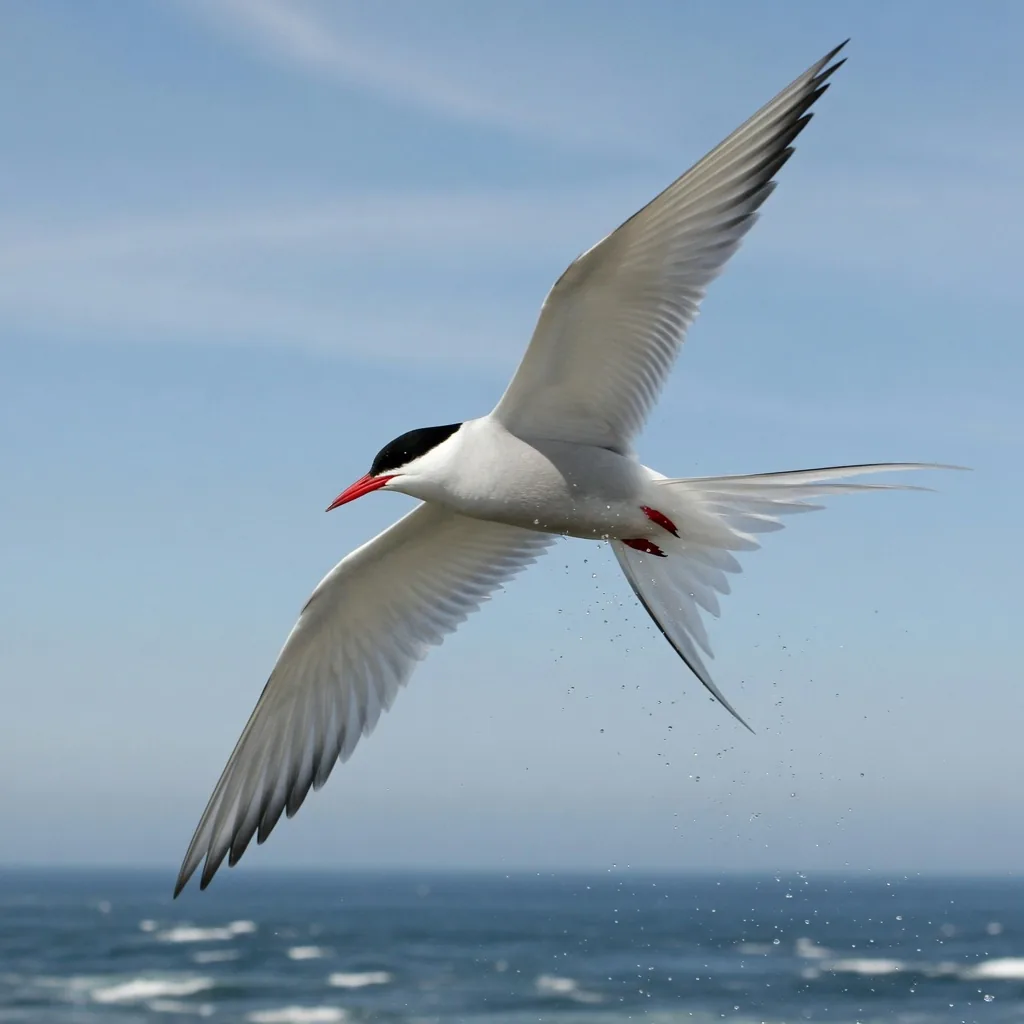 Arctic tern in mid-flight showing forked tail and red bill