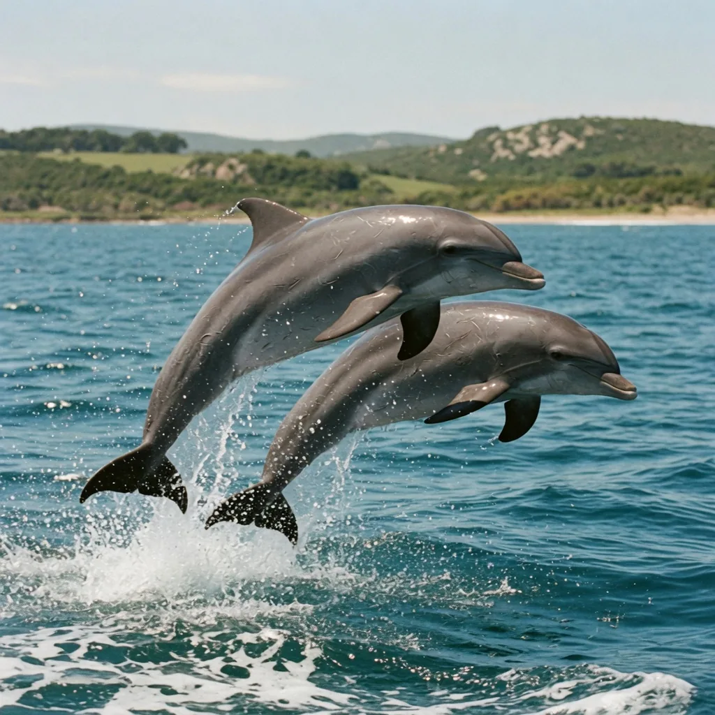 Two wild bottlenose dolphins leaping together out of clear blue ocean water near a sunny coastline.