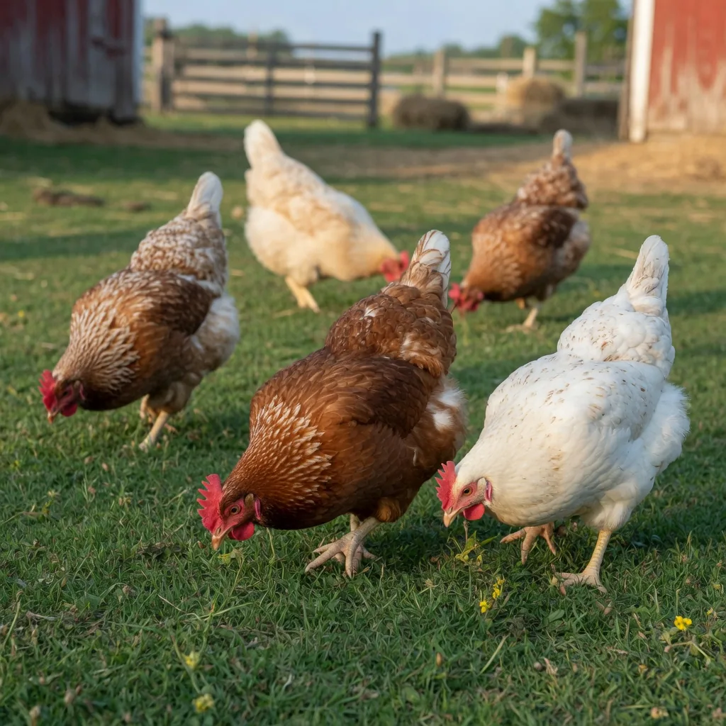 A small flock of healthy free-range brown and white hens roaming on green grass in a sunny farmyard.