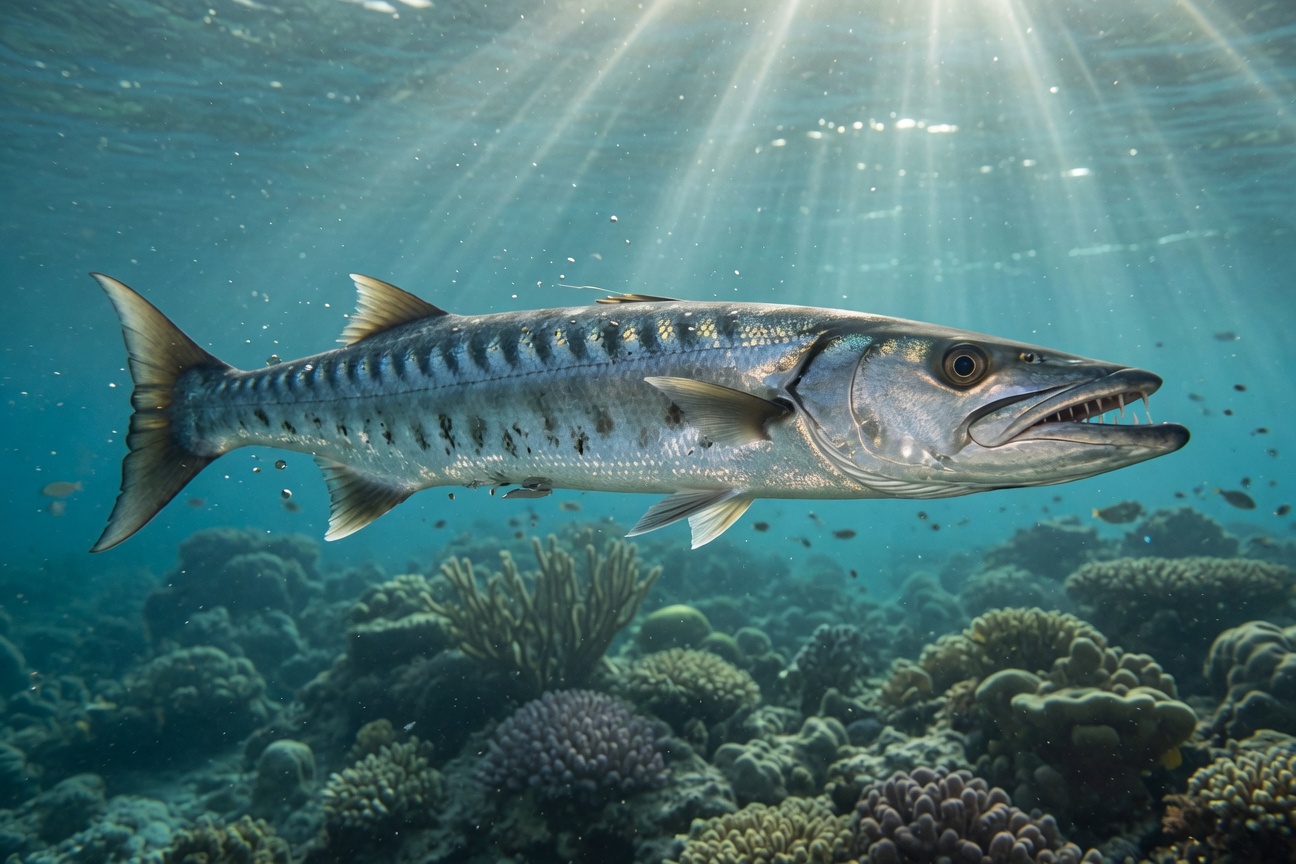 A silver barracuda swims over a coral reef with sunlight filtering through the blue water above.