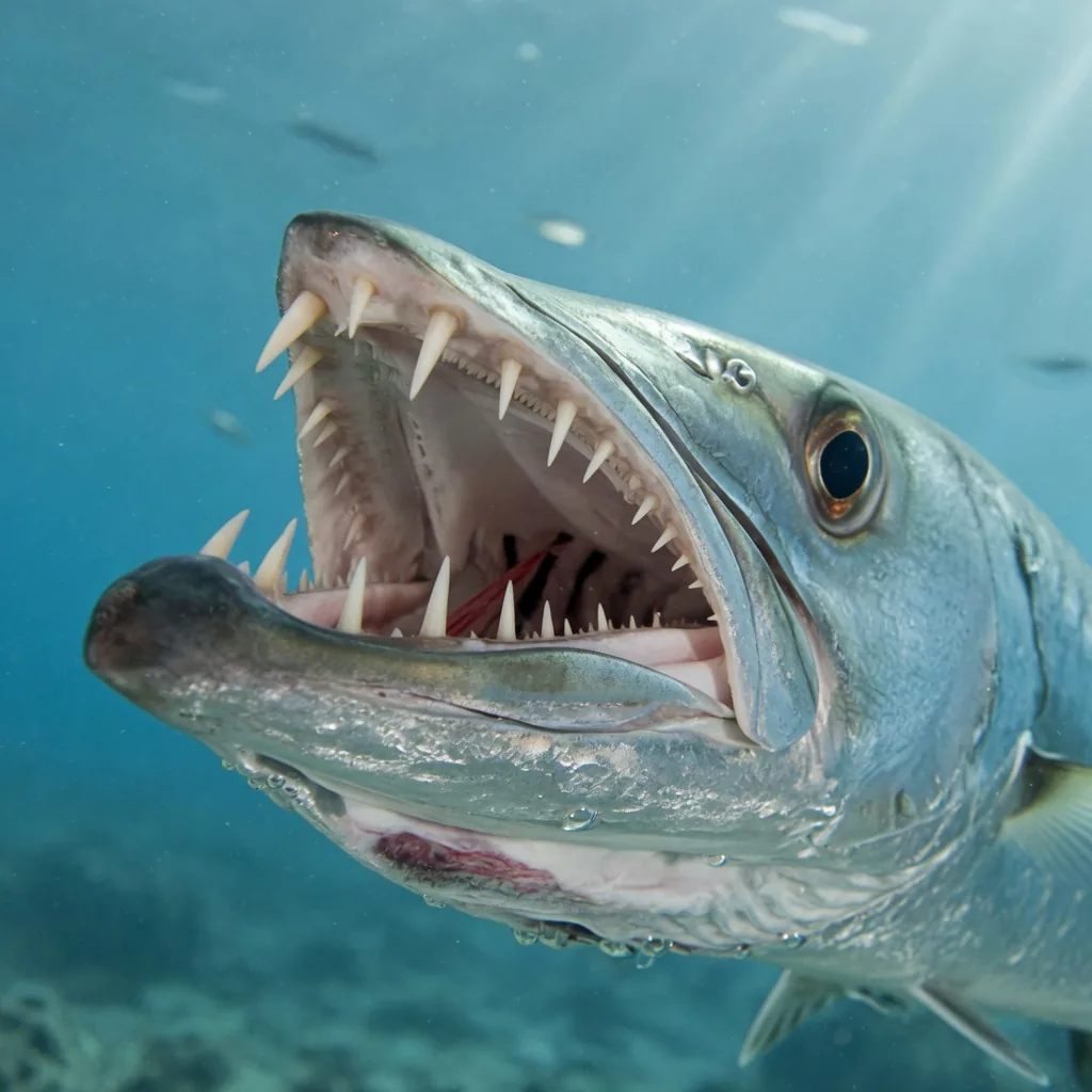 Close-up of a great barracuda's open mouth showing long pointed teeth that face both forward and backward