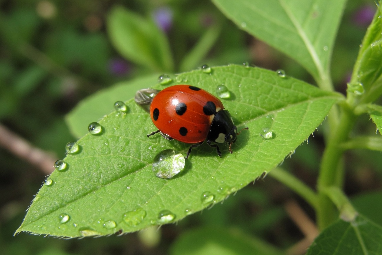 A red ladybug with black spots rests on a green leaf covered in water droplets.