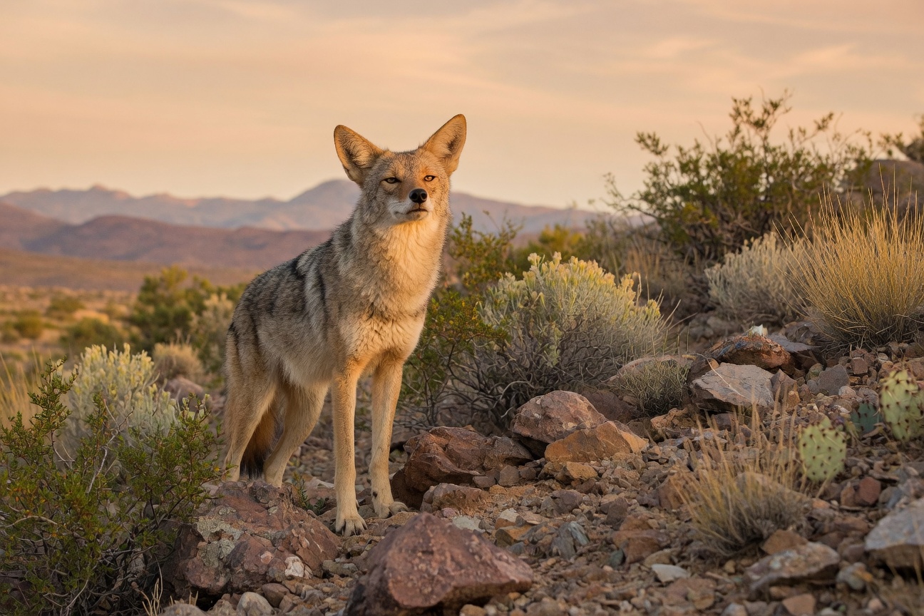 A coyote stands on a rocky hill surrounded by desert plants and cacti with mountains in the background.