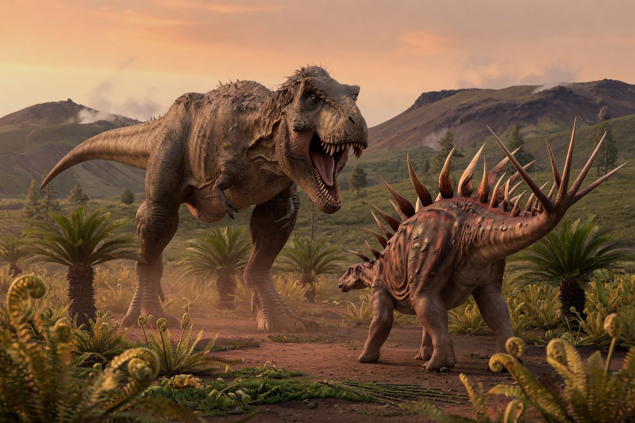 A roaring Tyrannosaurus rex faces a Stegosaurus in a prehistoric landscape filled with ferns and distant mountains.
