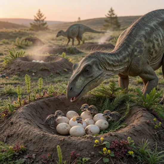 Maiasaura, the &lsquo;good mother lizard&rsquo;, tending its nest of eggs and hatchlings