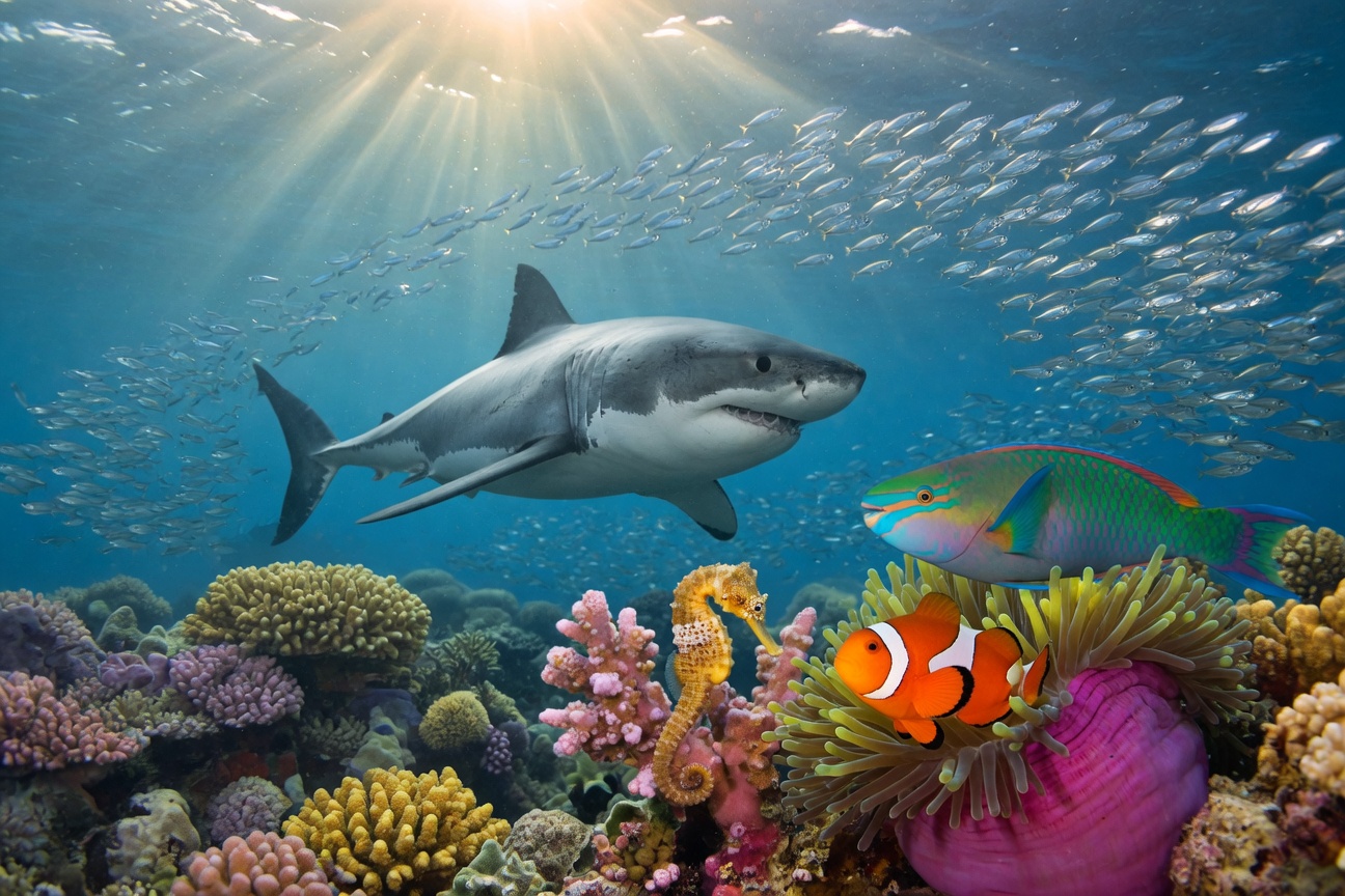 A shark, clownfish, seahorse, and parrotfish swim near a colorful coral reef with sunlight streaming down from the surface.