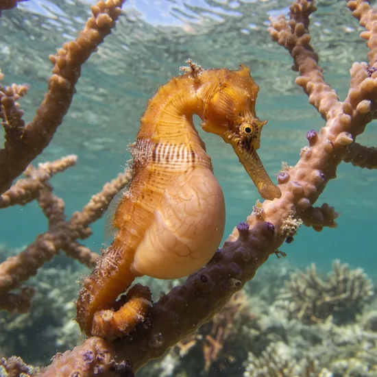 Male seahorse carrying young in his brood pouch among coral