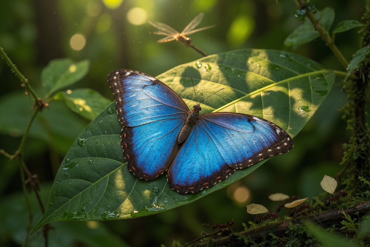 A blue morpho butterfly rests on a large green leaf while a dragonfly flies in the background.