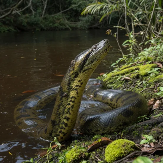 Green anaconda coiled on a riverbank in the Amazon rainforest
