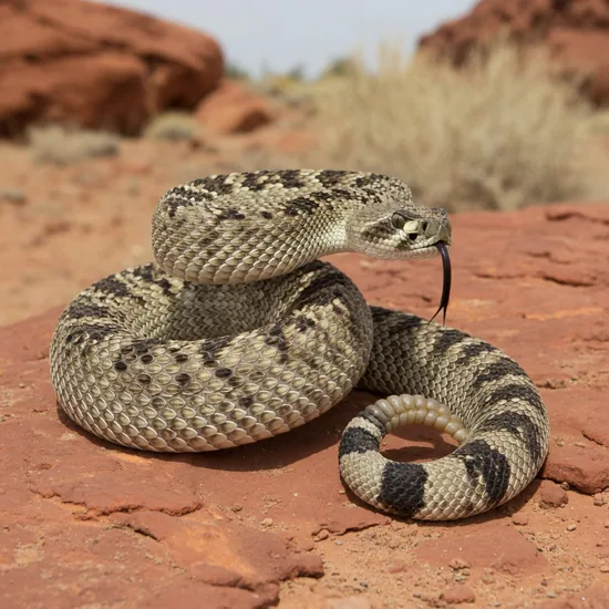 Western diamondback rattlesnake coiled in striking position on desert rock