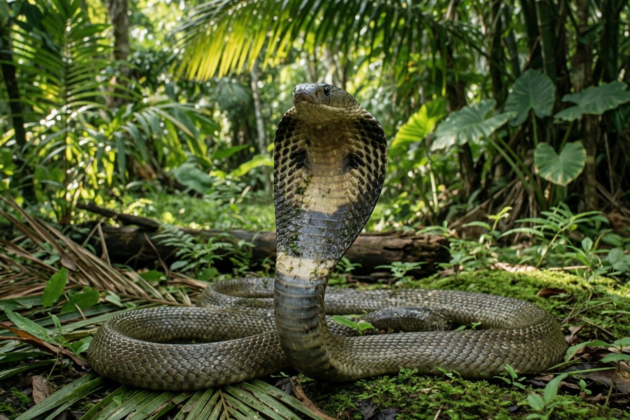 A cobra with its hood spread stands coiled on the mossy forest floor surrounded by lush green foliage.