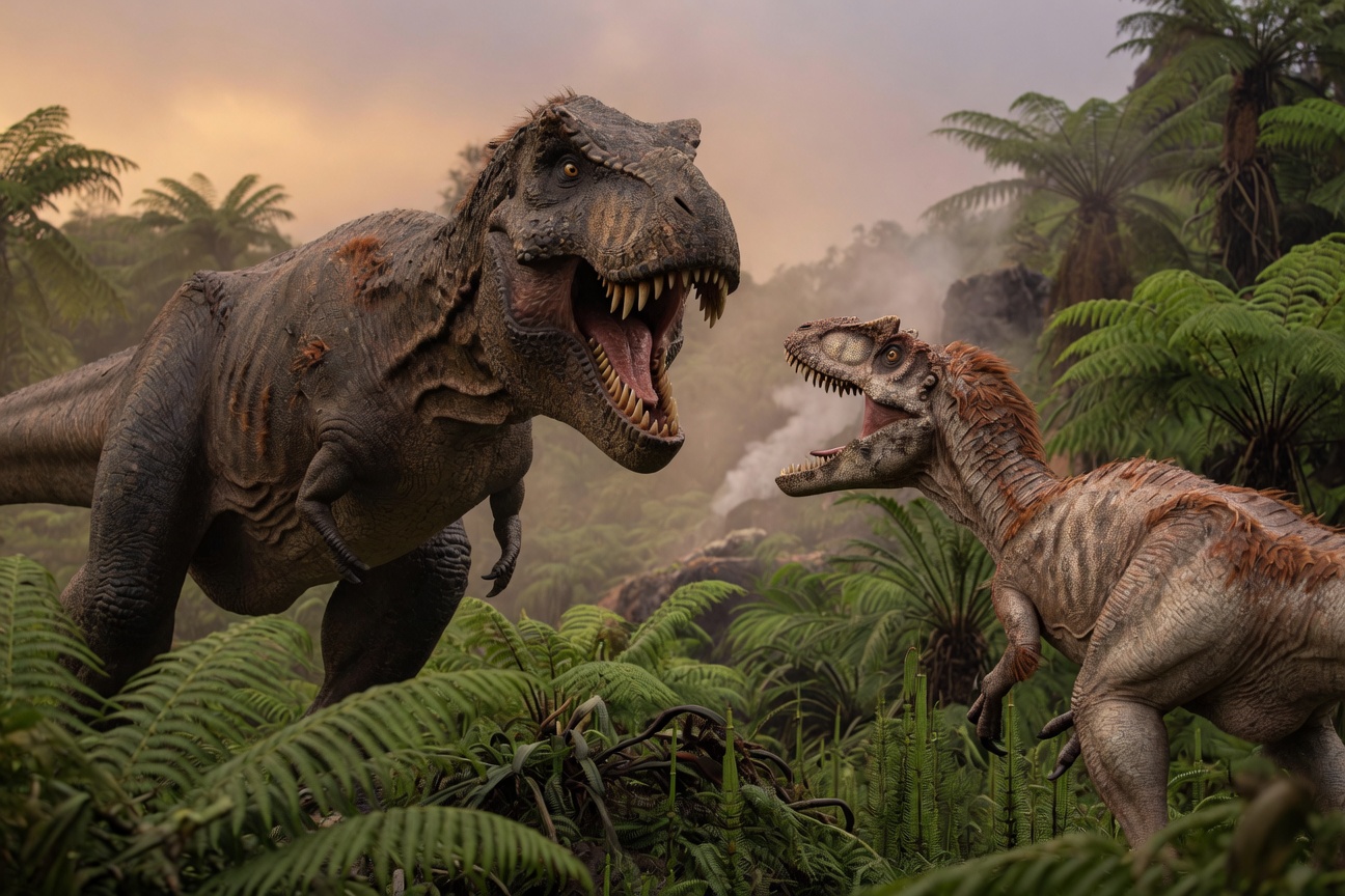 A Tyrannosaurus Rex roars at an Allosaurus in a misty, fern-filled prehistoric jungle.