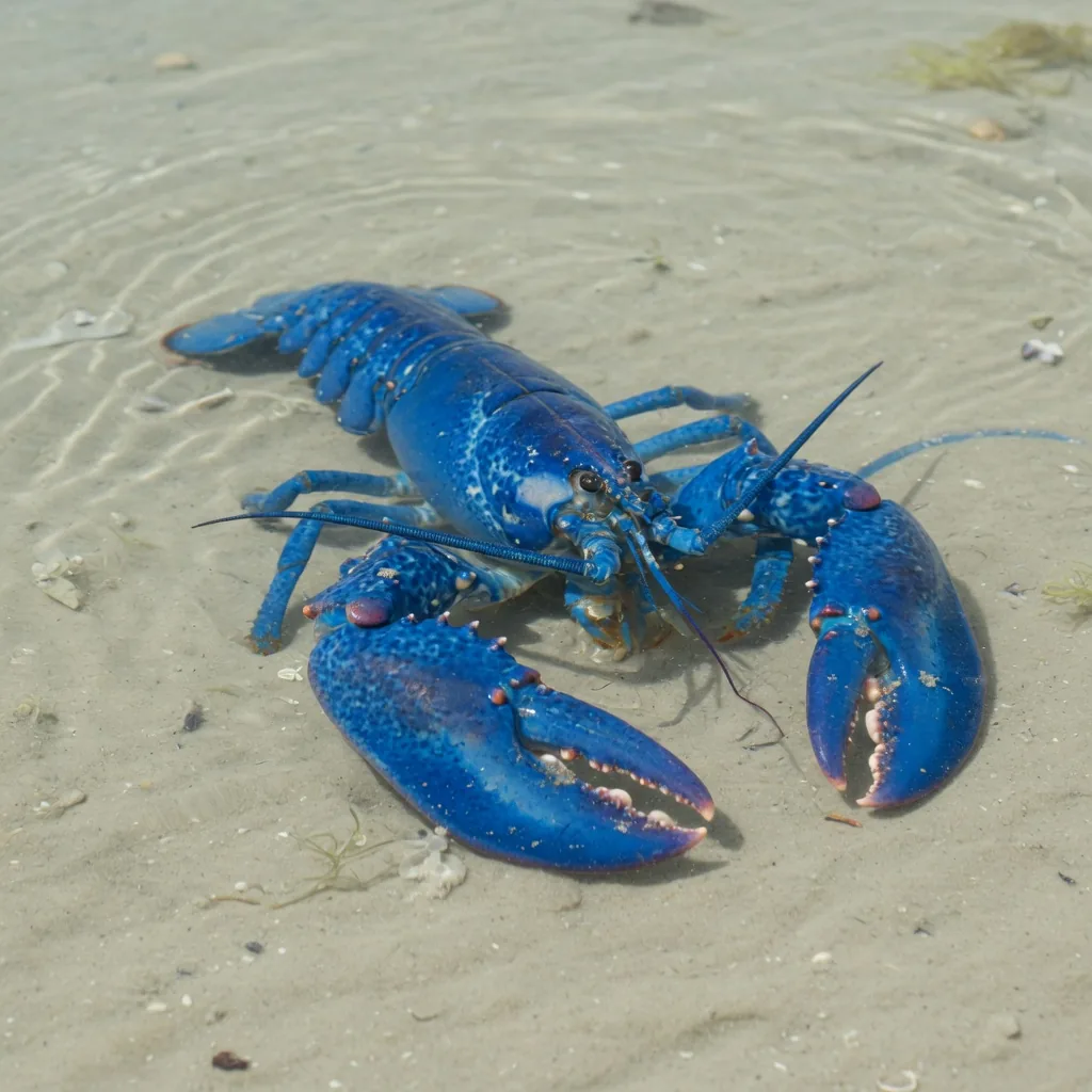 A rare bright blue North Atlantic lobster resting on the sea floor