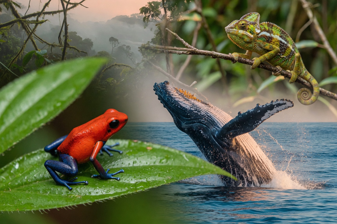 A red poison dart frog sits on a leaf while a whale breaches the water and a chameleon rests on a branch.
