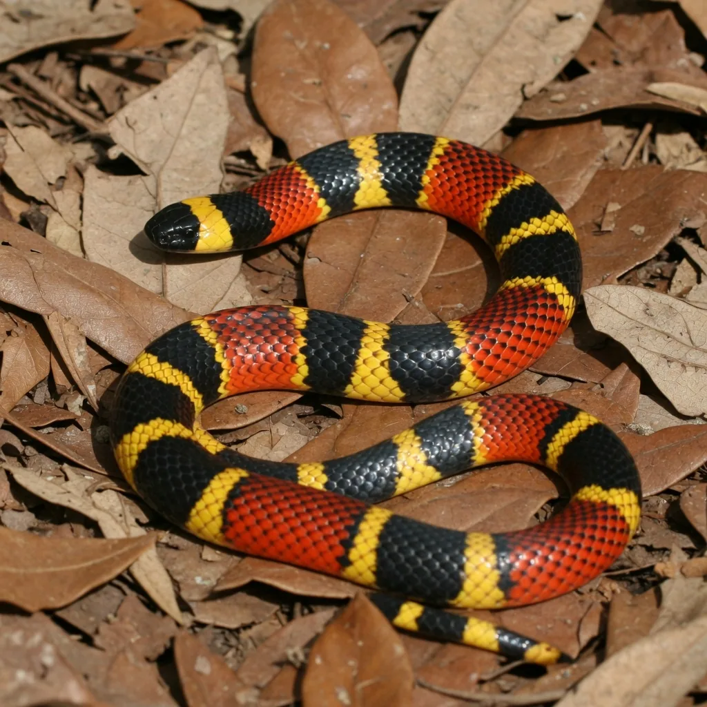 A coral snake with bands of red touching yellow