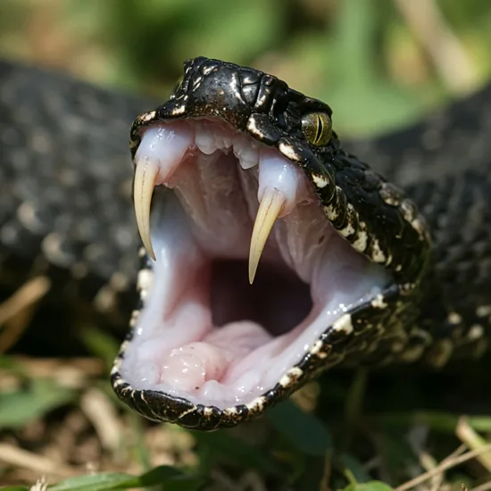 A snake's open mouth showing two long hollow front fangs