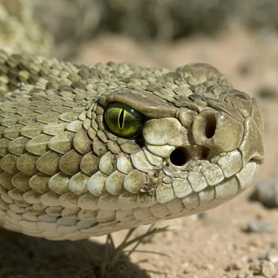 Close-up of a rattlesnake's head showing a vertical cat-like pupil