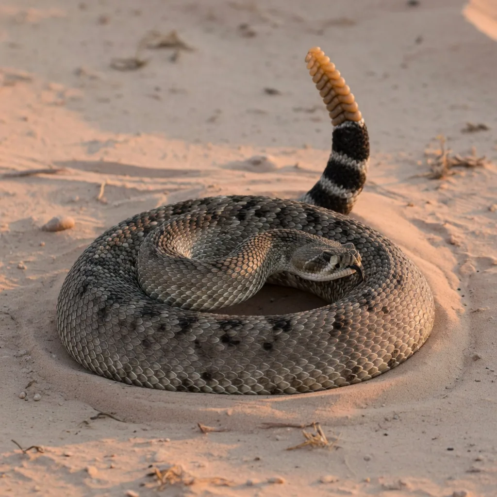 A rattlesnake coiled on desert sand with its segmented rattle raised in warning