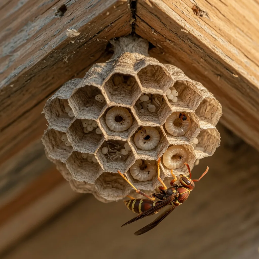 Close-up of a paper wasp nest showing hexagonal cells containing eggs and larvae at different growth stages