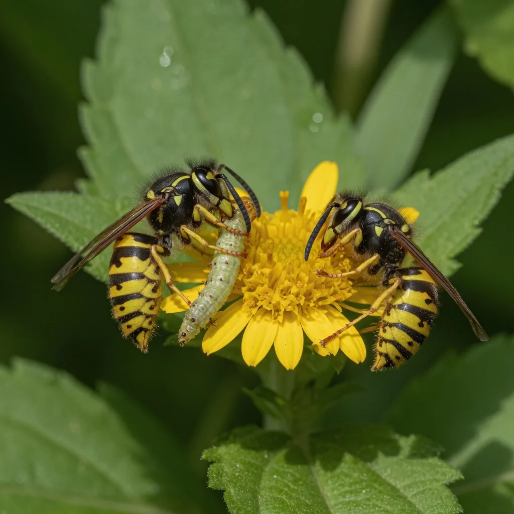 Two yellowjacket wasps foraging, one carrying prey in its mandibles, worker wasps hunt insects to feed the colony's growing larvae