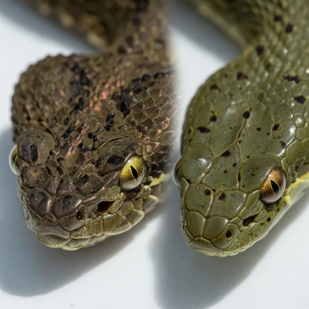 Side-by-side comparison of a water moccasin's triangular head with vertical slit pupil versus a harmless water snake's narrower head with round pupil