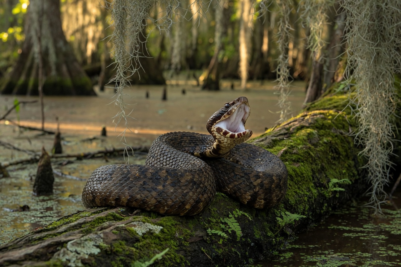 A water moccasin snake coils on a mossy log in a swamp with its mouth wide open.