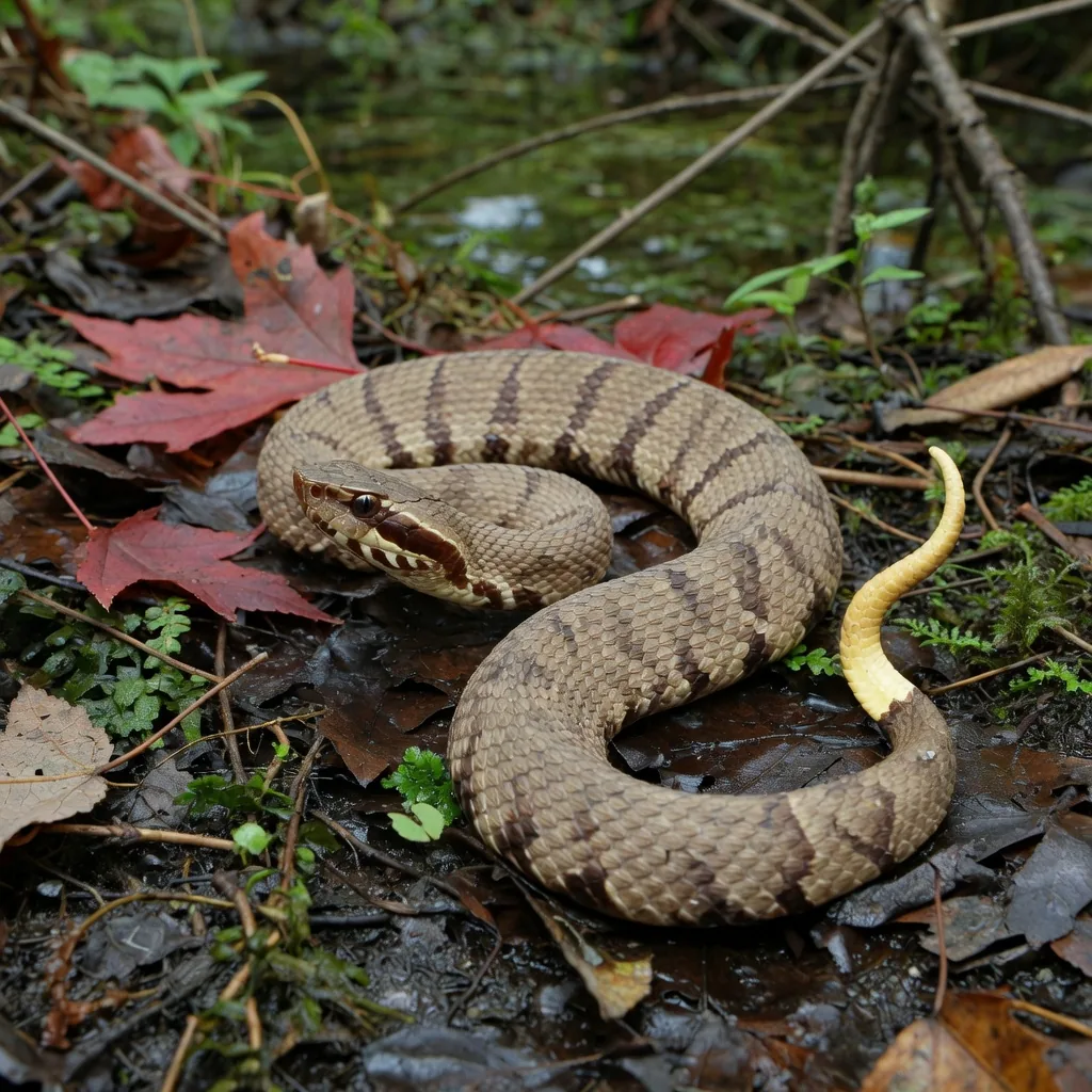 A juvenile water moccasin on leaf litter showing its red-brown crossband pattern and bright yellowish tail tip