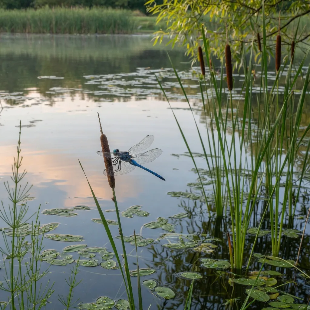 A calm European freshwater pond with aquatic plants, typical water spider habitat
