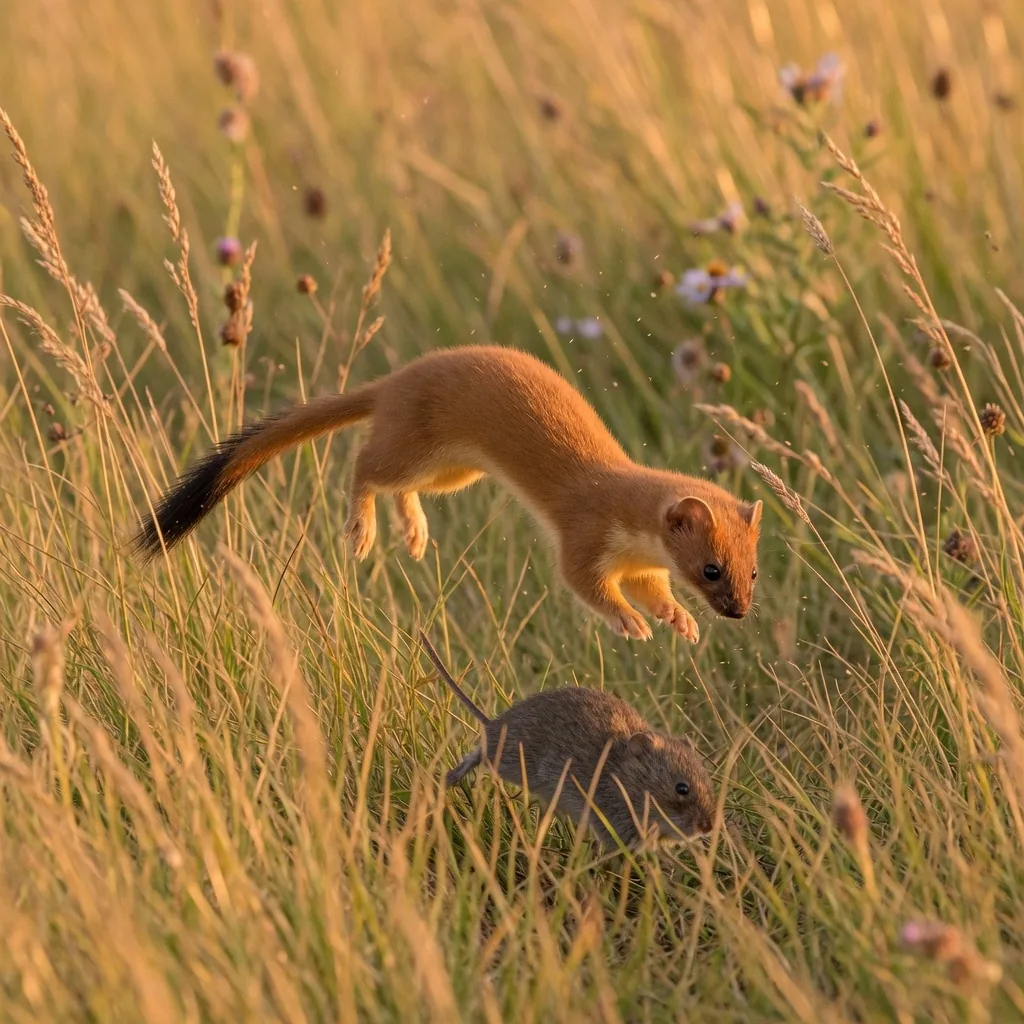A long-tailed weasel mid-pounce over tall golden grass in a North American prairie, showing its orange-brown fur and long black-tipped tail.