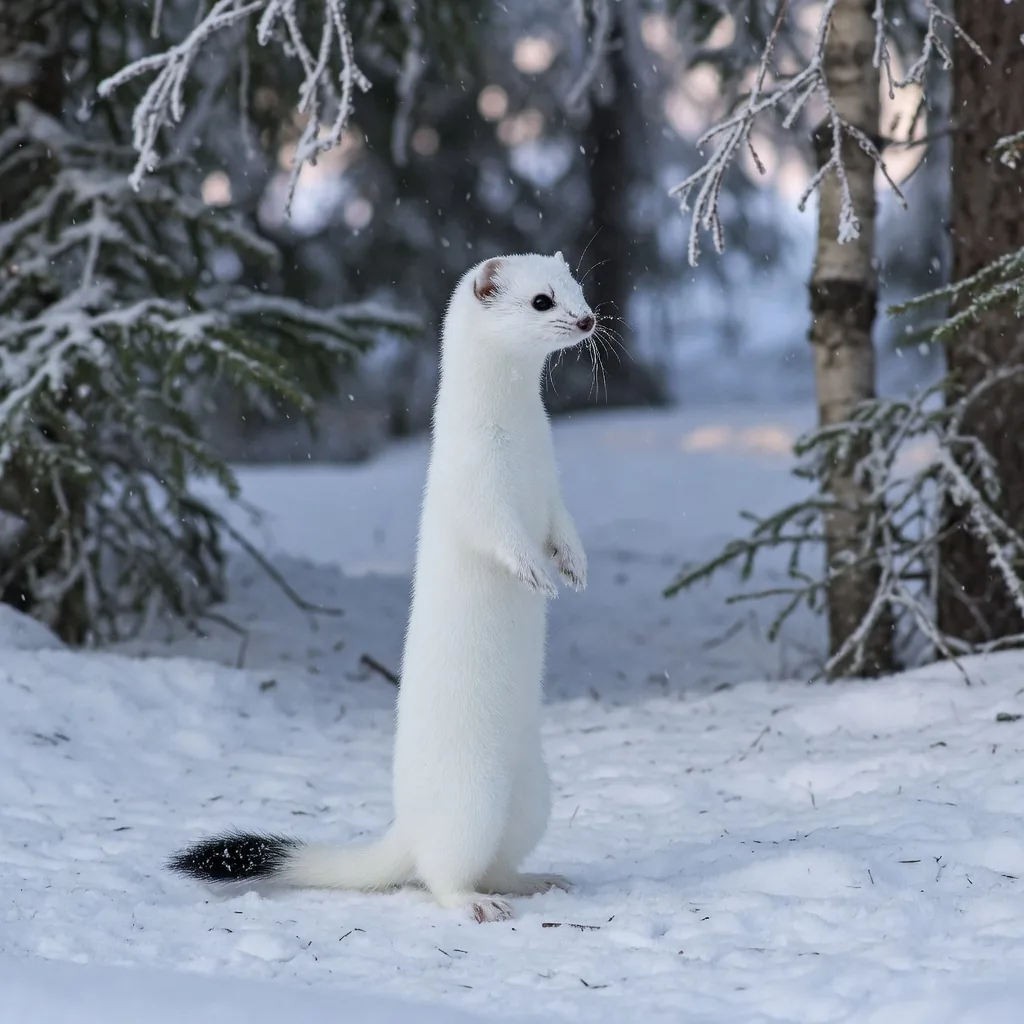 A stoat in its white winter ermine coat, standing upright in a snowy forest clearing with a distinctive black-tipped tail.