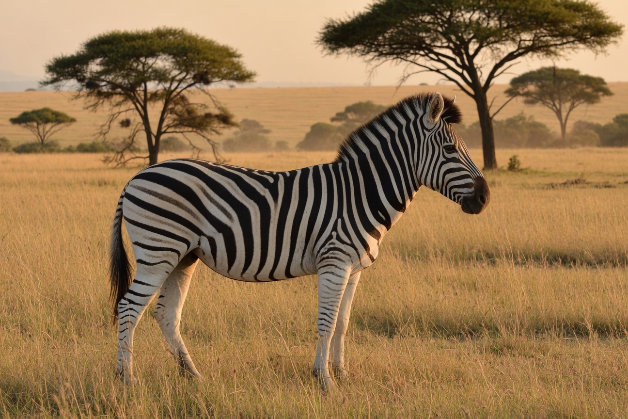 A zebra stands in a golden grassy field with acacia trees in the background.