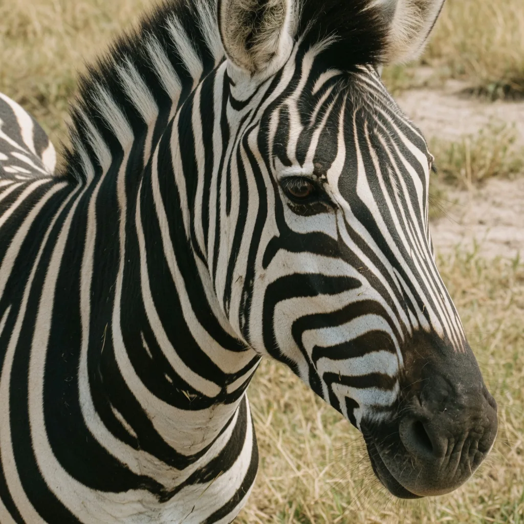 Close-up of a zebra's face showing the bold black stripes and dark skin near the muzzle