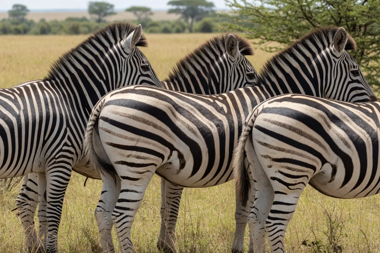 Three zebra species showing their distinct stripe patterns: Grevy's, plains, and mountain zebra