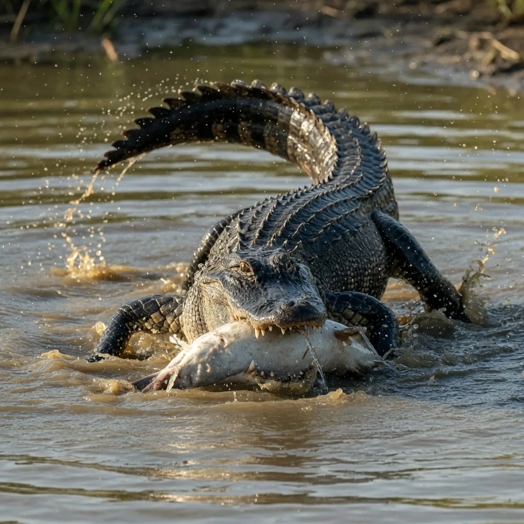 An American alligator performing the death roll in shallow water, body twisting powerfully