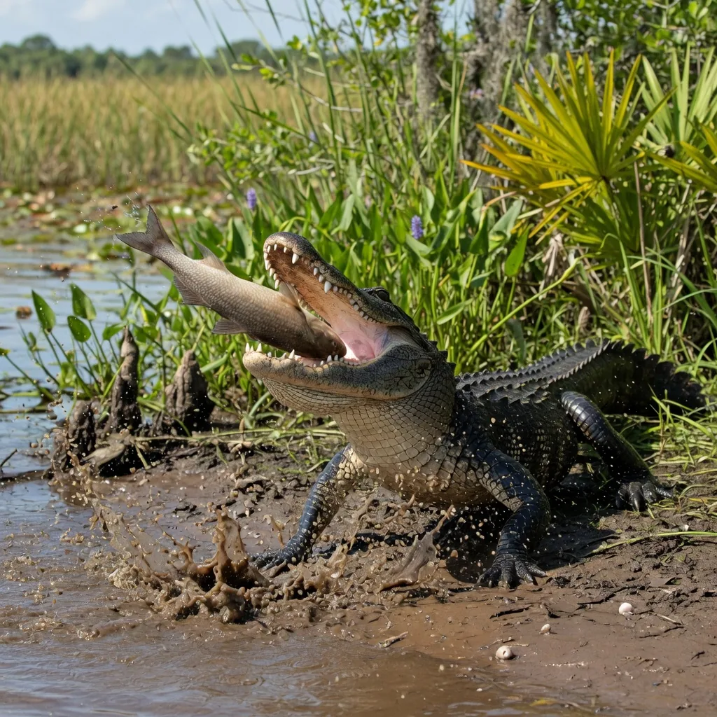 An American alligator lunging from a riverbank to catch a large fish, jaws wide open