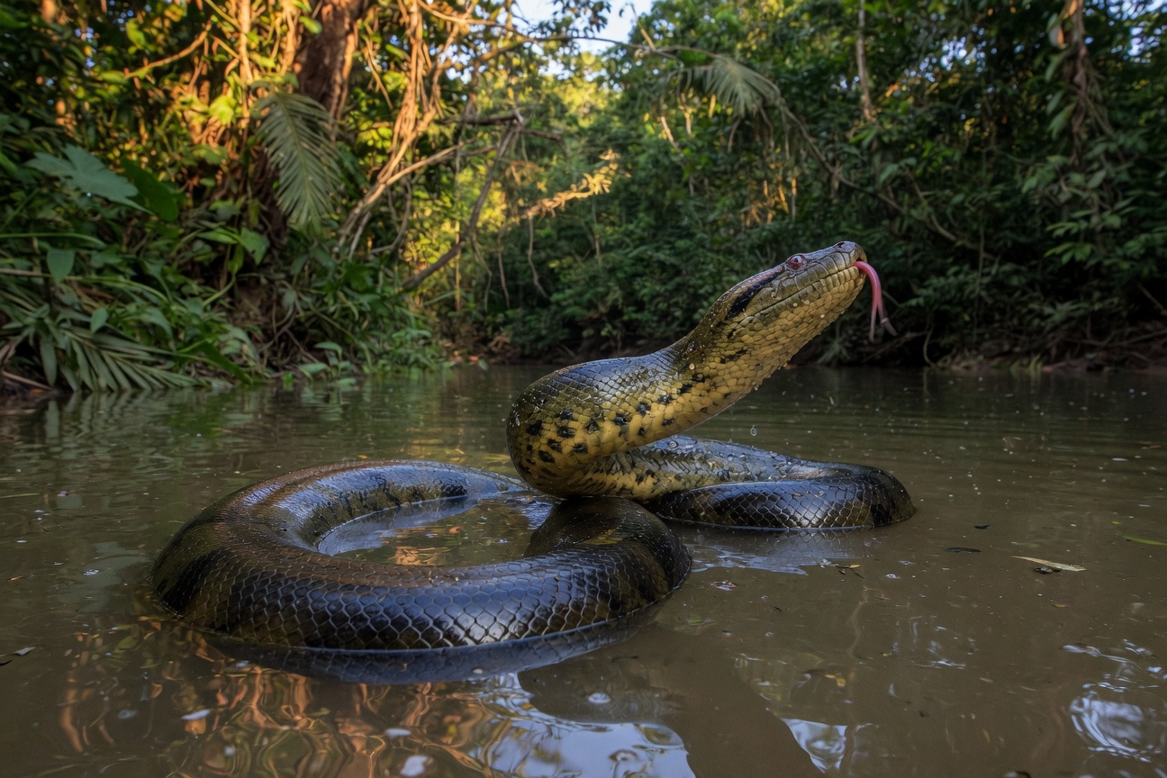 An anaconda coils in a murky river, raising its head to flick its tongue near a dense forest bank.